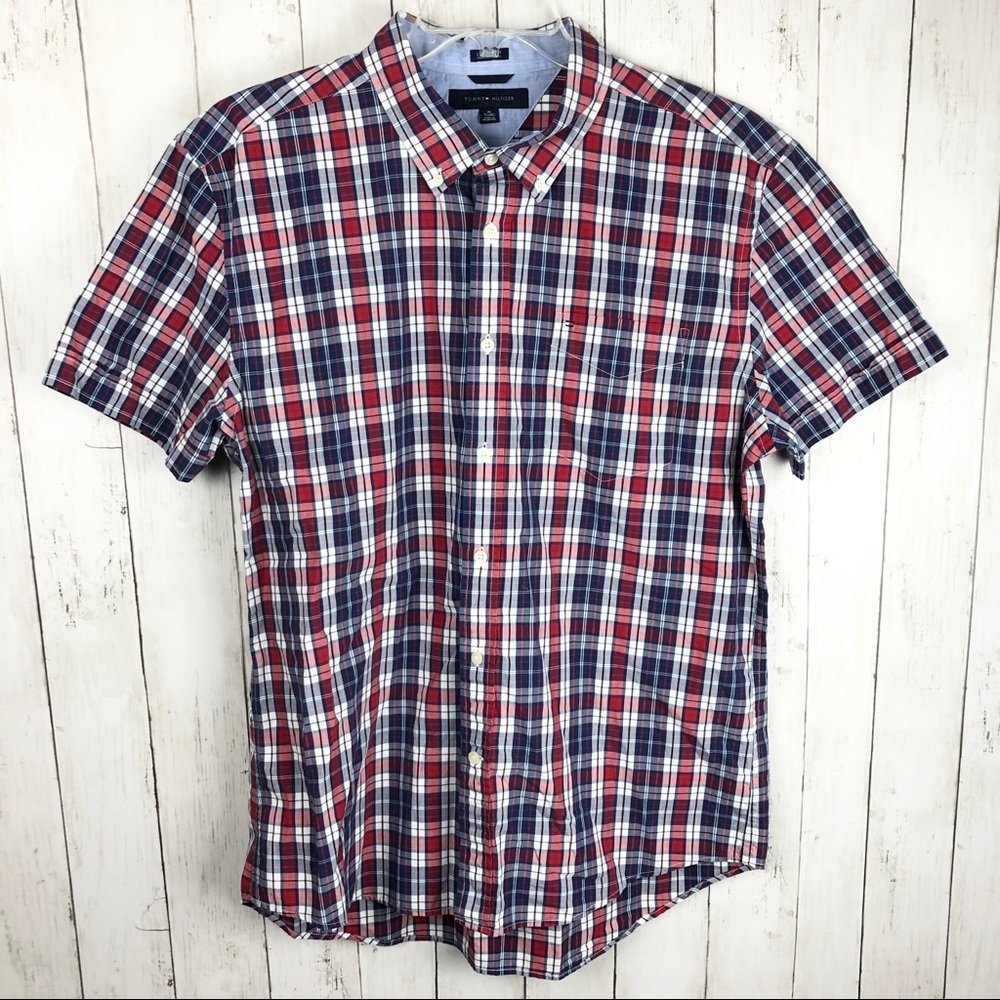 Tommy Hilfiger Custom Fit Plaid Button Down XL Red White Blue